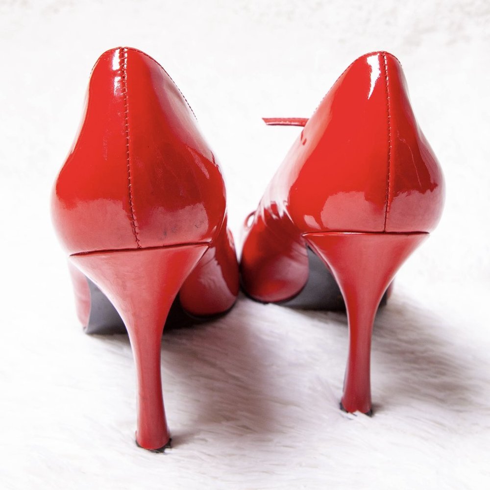 Guess Red Open Toe Heels With Buckle Strap - image 8